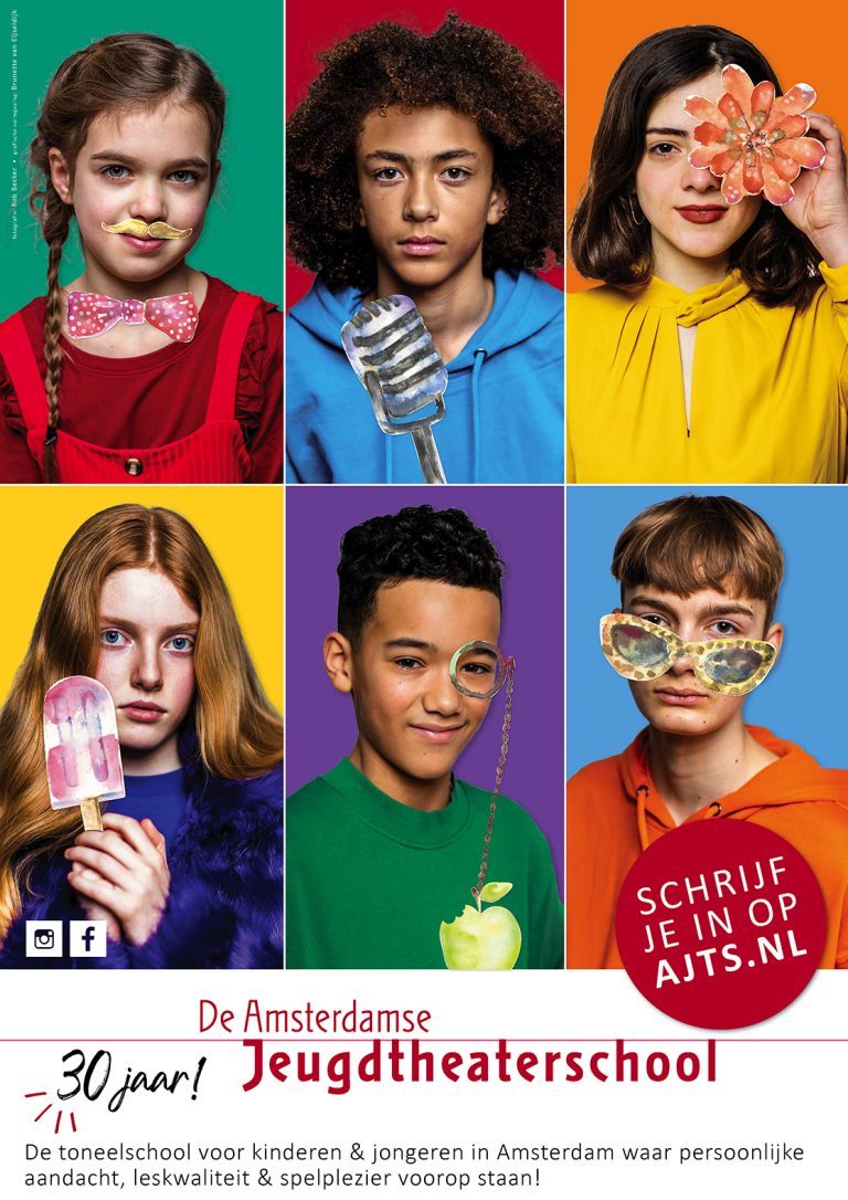 ontwerp en illustratie flyer & affiche Amsterdamse Jeugdtheaterschool;  affiche A2; 2020