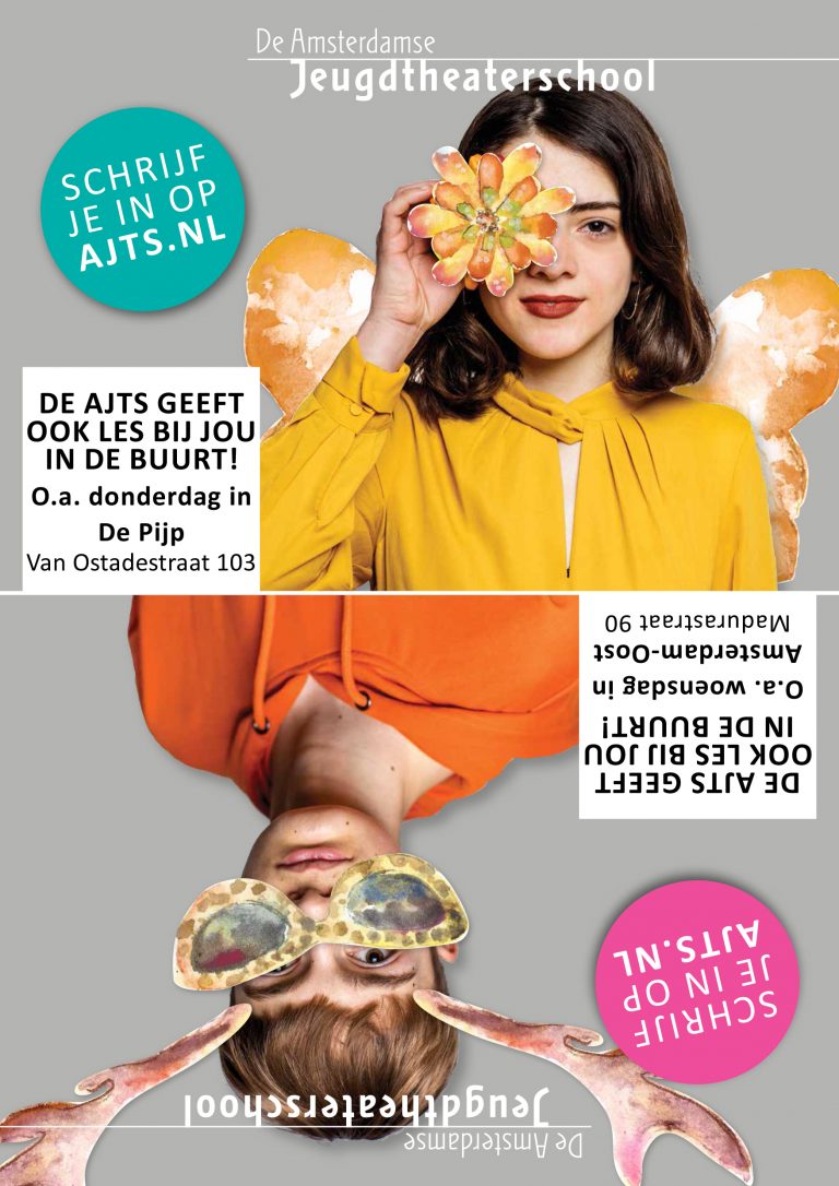 flyer Amsterdamse Jeugdtheaterschool; ontwerp en illustratie 3 x flyer A5; 2019